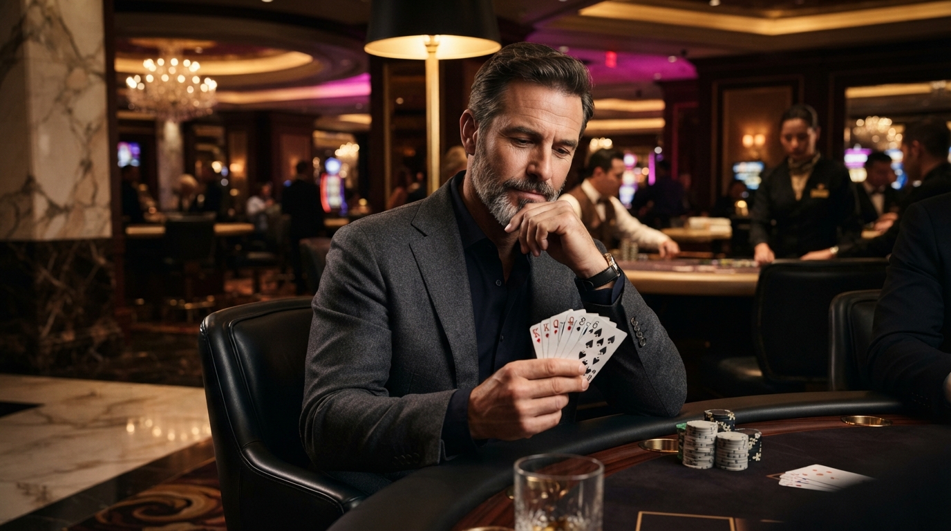Casino uden ROFUS med MobilePay — En mand læner sig tilbage i en blød stol, eftertænksomt betragtende sine kort, m